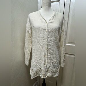 J.Jill Women M Ivory Linen Crochet Blouse Long Sleeve Button Front Shirt